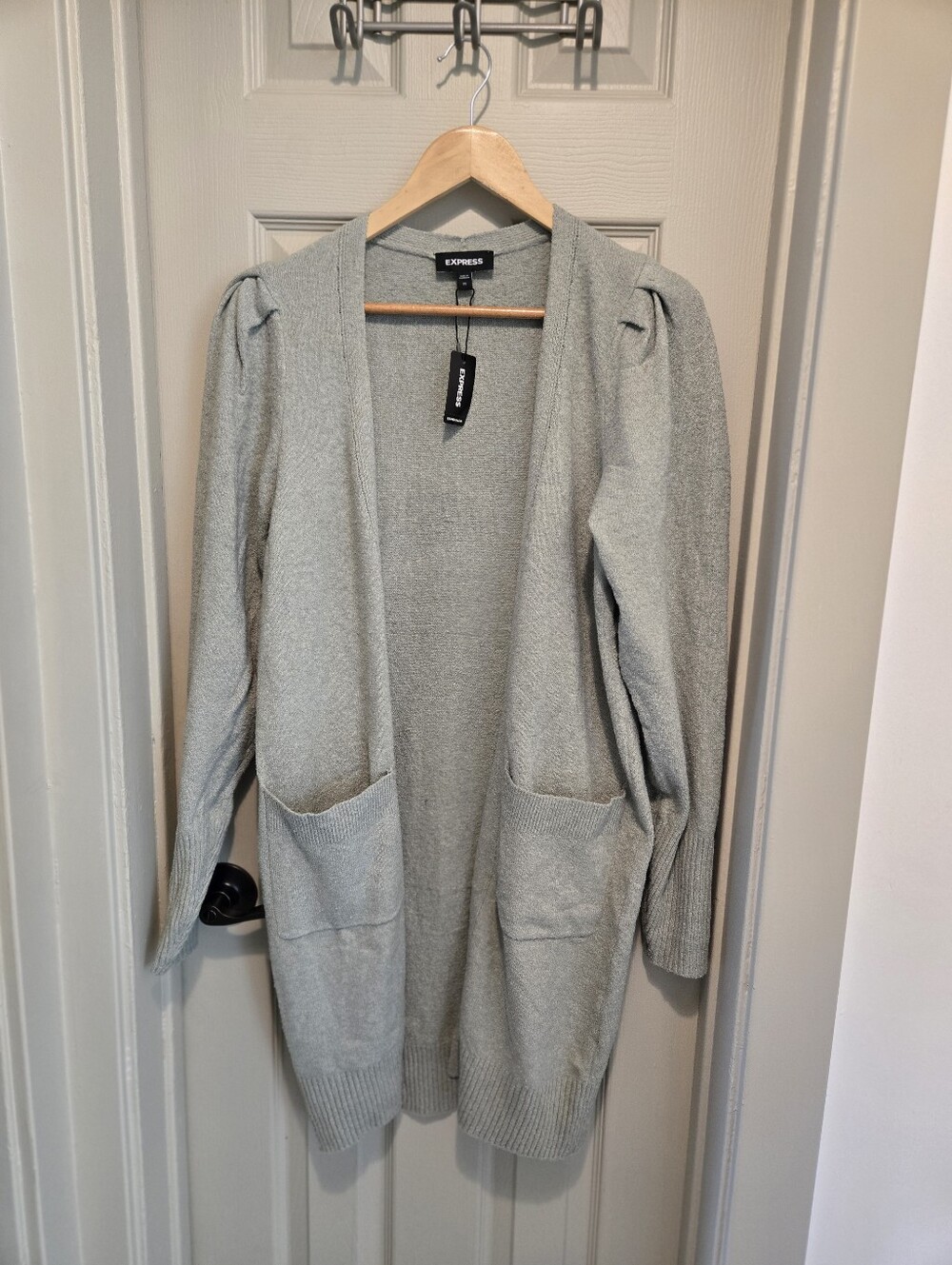 Express Seafoam Open-Front Pocket Cardigan with Puff Shoulders Xsmall - small